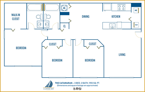 Floor plan for 3 beds, 2 baths, 1155 sqft